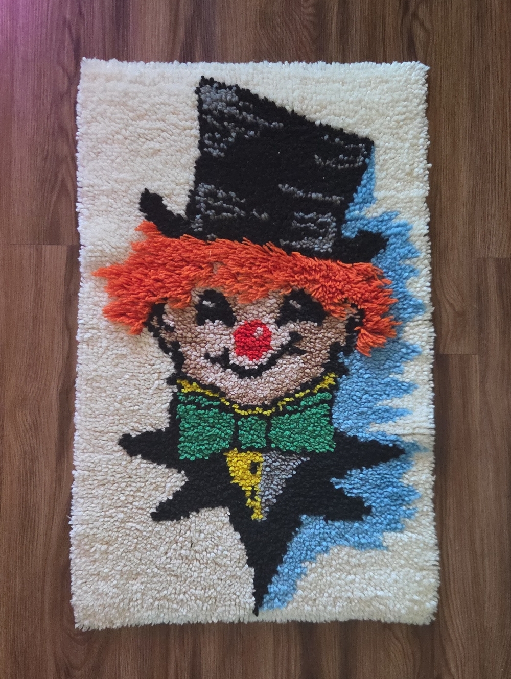 Vintage Handmade Clown Accent Rug in Cream, Orange, Green, Black Irish